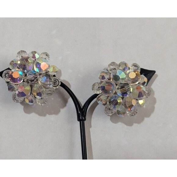 Vintage Aurora Borealis Crystal Bead Clip-On Earrings Estate Statement - Picture 5 of 9